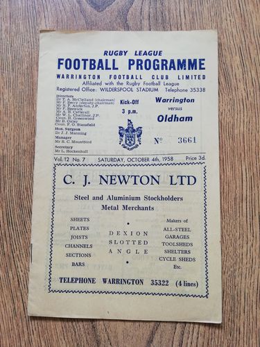 Warrington v Oldham Oct 1958 Rugby League Programme