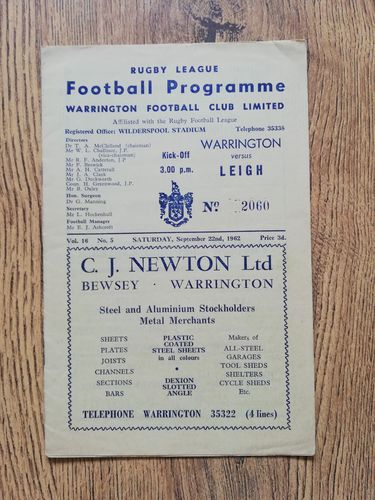 Warrington v Leigh Sept 1962 Rugby League Programme
