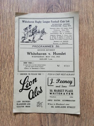Whitehaven v Hunslet May 1963 Rugby League Programme