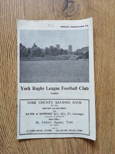 York v Hull KR Sept 1962 Rugby League Programme