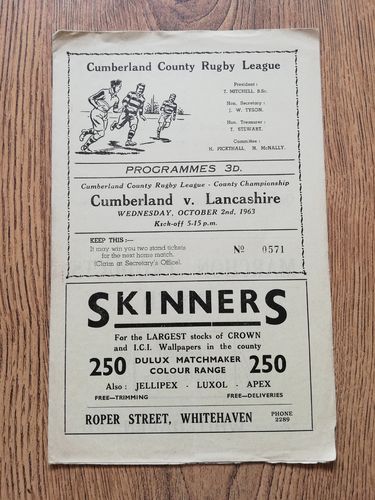 Cumberland v Lancashire Oct 1963 County Championship Rugby League Programme