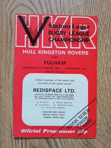 Hull KR v Fulham Feb 1982 Rugby League Programme