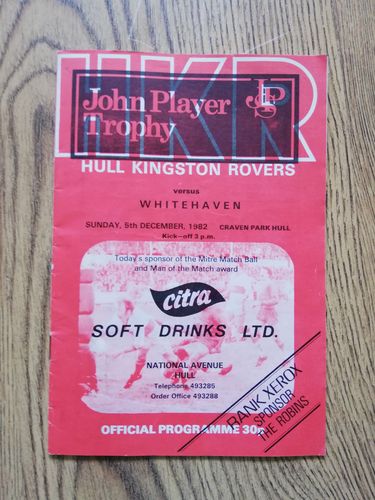 Hull KR v Whitehaven Dec 1982 John Player Trophy Rugby League Programme