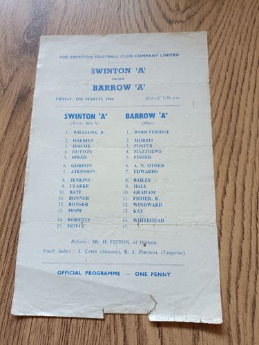 Swinton 'A' v Barrow 'A' March 1966 Rugby League Teamsheet