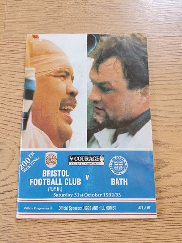 Bristol v Bath Oct 1992 Rugby Programme