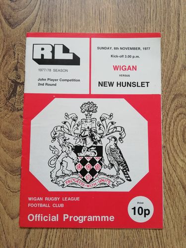 Wigan v New Hunslet Nov 1977 John Player Trophy Rugby League Programme