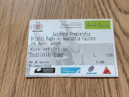 Bristol v Newcastle Falcons April 2006 Used Rugby Ticket