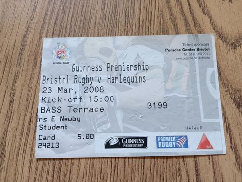 Bristol v Harlequins March 2008 Used Rugby Ticket