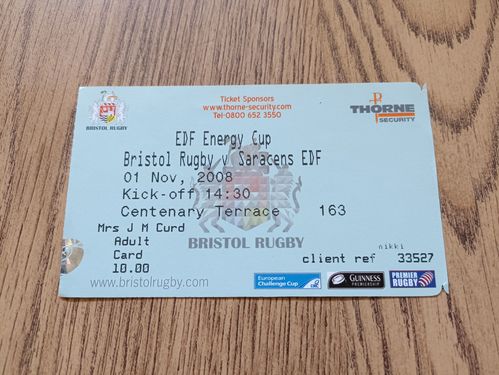 Bristol v Saracens Nov 2008 EDF Energy Cup Used Rugby Ticket