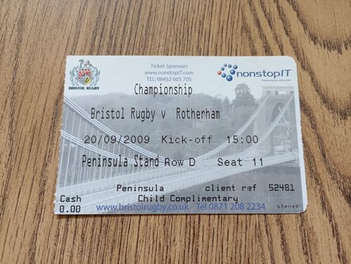 Bristol v Rotherham Sept 2009 Used Rugby Ticket
