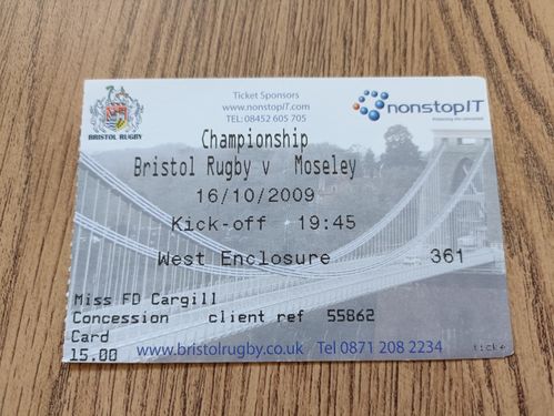 Bristol v Moseley Oct 2009 Used Rugby Ticket