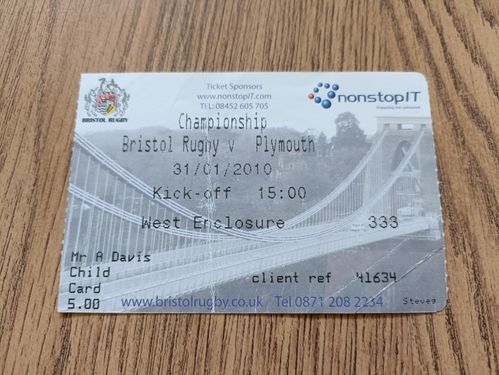 Bristol v Plymouth Jan 2010 Used Rugby Ticket
