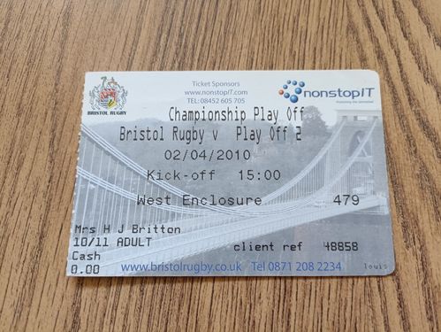 Bristol v Plymouth Apr 2010 Championship Play-Off Used Rugby Ticket