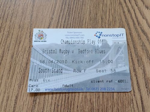 Bristol v Bedford Blues Apr 2010 Championship Play-Off Used Rugby Ticket