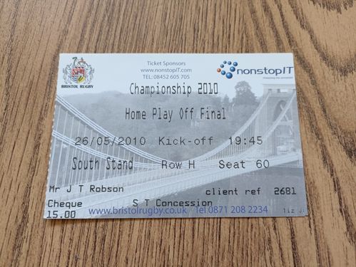 Bristol v Exeter C. May 2010 Championship Play-Off Final 2nd Leg Used Rugby Ticket