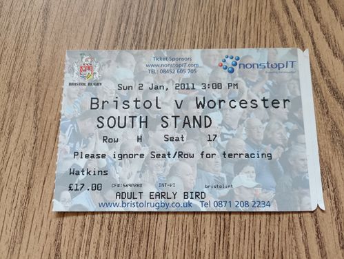 Bristol v Worcester Jan 2011 Used Rugby Ticket
