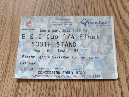 Bristol v Ayr March 2011 British & Irish Cup Quarter-Final Used Rugby Ticket