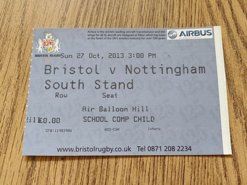 Bristol v Nottingham Oct 2013 Used Rugby Ticket