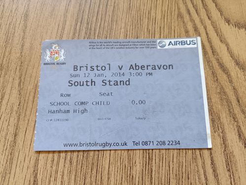 Bristol v Aberavon Jan 2014 Used Rugby Ticket