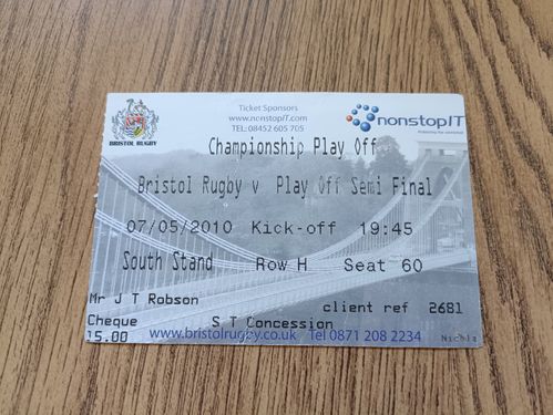 Bristol v London Welsh May 2010 Championship Play-Off Semi-Final Used Rugby Ticket