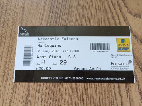 Newcastle Falcons v Harlequins Jan 2016 Used Rugby Ticket