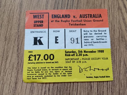 England v Australia 1988 Used Rugby Ticket