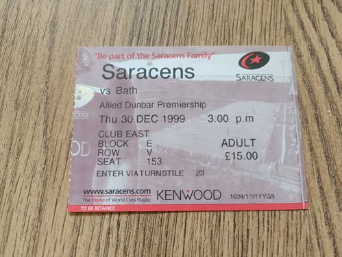 Saracens v Bath Dec 1999 Used Rugby Ticket