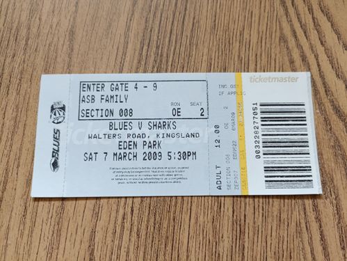 Blues v Sharks March 2009 Used Rugby Ticket