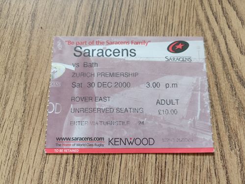 Saracens v Bath Dec 2000 Used Rugby Ticket