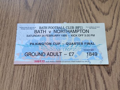 Bath v Northampton Feb 1995 Pilkington Cup Quarter-Final Used Rugby Ticket