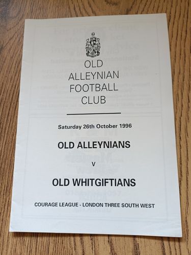 Old Alleynians v Old Whitgiftians Oct 1996 Rugby Programme