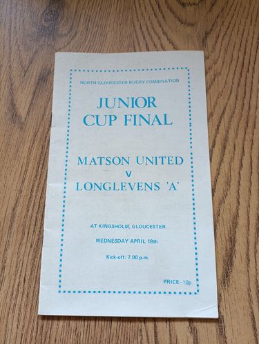 Matson United v Longlevens 'A' 1979 North Gloucs Junior Cup Final Rugby Programme