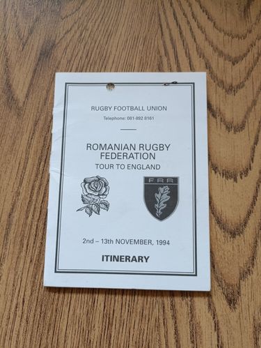 Romania Tour To England 1994 Rugby Itinerary Card