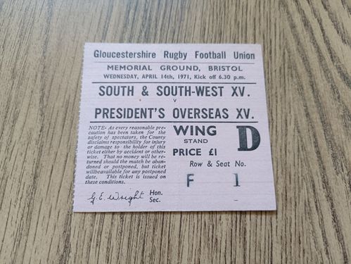 South & South West XV v President's Overseas XV Apr 1971 Used Rugby Ticket