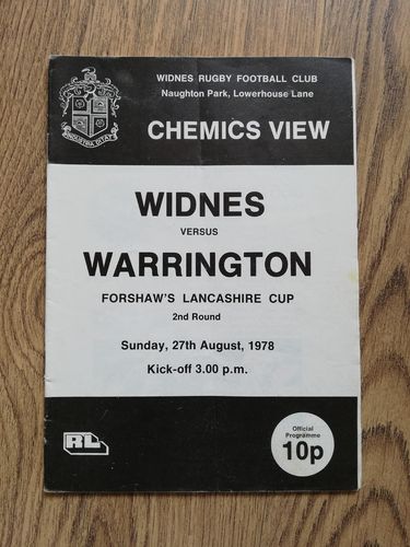 Widnes v Warrington Aug 1978 Lancashire Cup Rugby League Programme