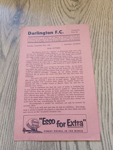 Darlington v Oldham Athletic Sept 1958 Football Programme