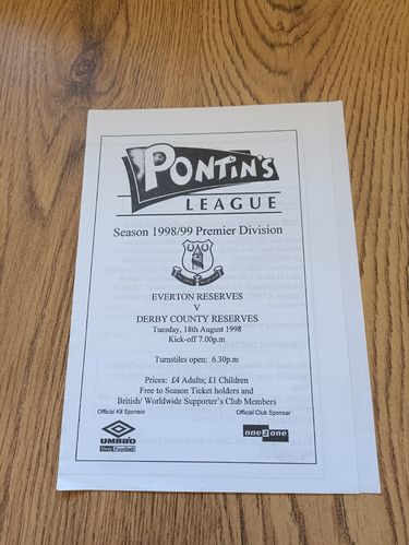 Everton Reserves v Derby County Reserves Aug 1998 Football Teamsheet