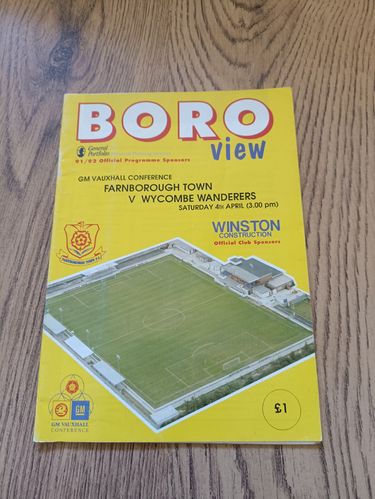 Farnborough Town v Wycombe Wanderers April 1992 Football Programme