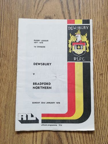 Dewsbury v Bradford Northern Jan 1978 Rugby League Programme