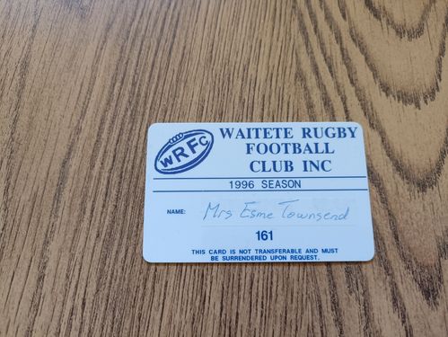 Waitete Rugby Club (New Zealand) 1996 Membership Card