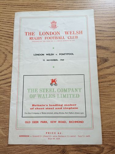 London Welsh v Pontypool Nov 1960 Rugby Programme