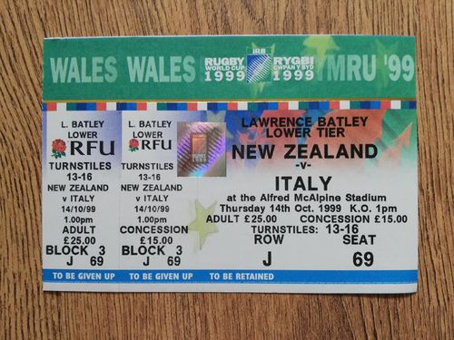 New Zealand v Italy 1999 Rugby World Cup Used Rugby Ticket