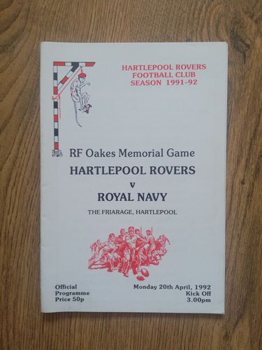 Hartlepool Rovers v Royal Navy 1992 RF Oakes Memorial Match Rugby Programme