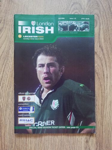 London Irish v Leicester Tigers Dec 2001 Rugby Programme