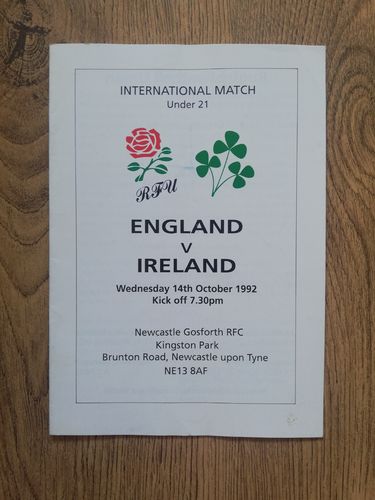 England U21 v Ireland U21 Oct 1992 Rugby Programme