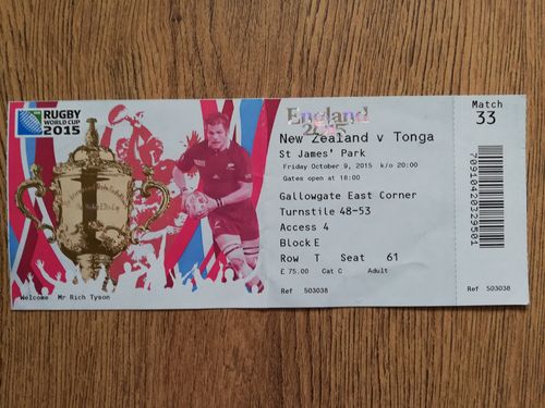 New Zealand v Tonga 2015 Used Rugby World Cup Ticket