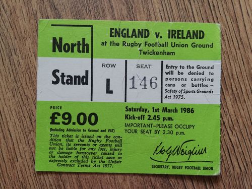 England v Ireland 1986 Used Rugby Ticket