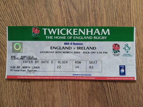 England v Ireland 2006 Used Rugby Ticket