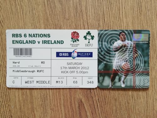 England v Ireland 2012 Used Rugby Ticket