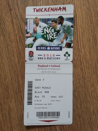 England v Ireland 2016 Used Rugby Ticket